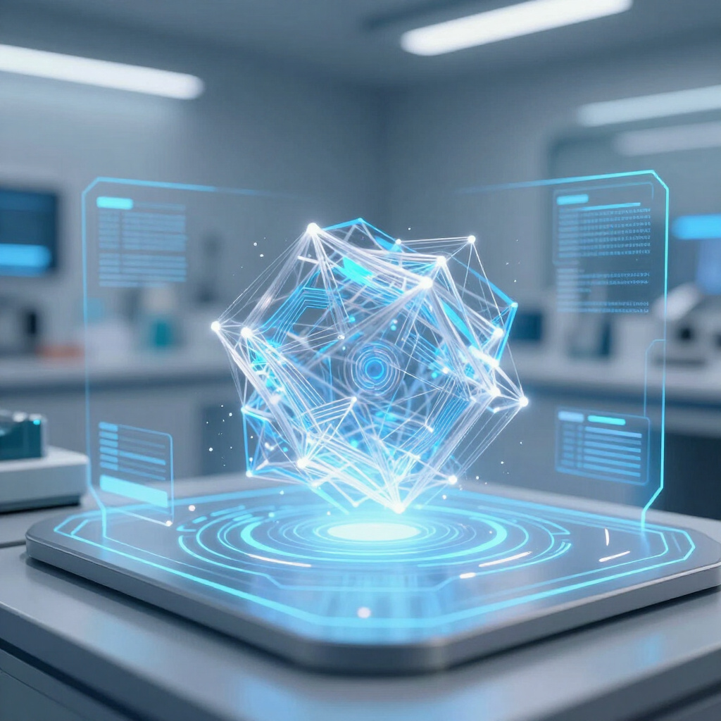 Futuristic engineering lab hologram